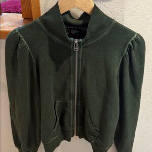 Veronica Beard Jeans Olive Green French Terry Puff Sleeve Zip Up Jacket S